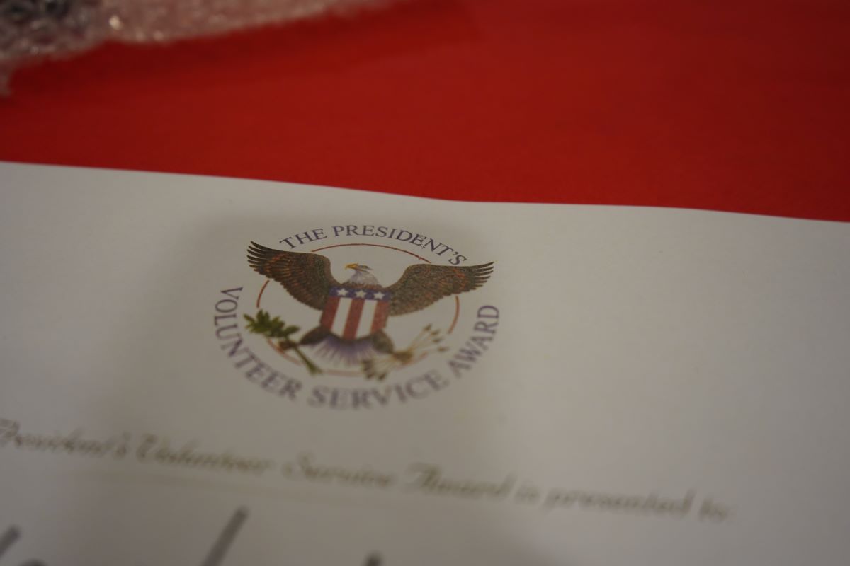 Close up of a Presidential Service Award Certificate